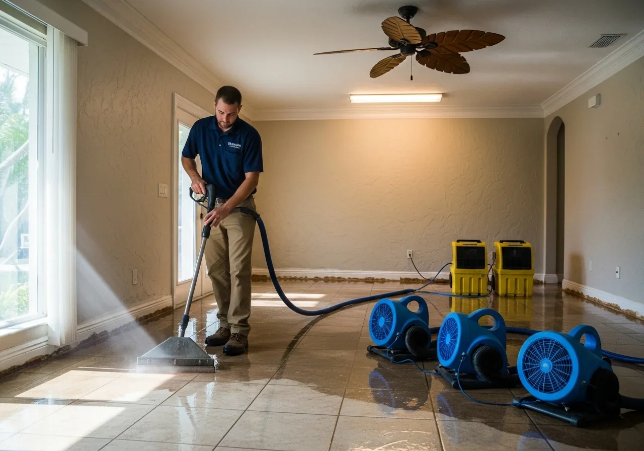 Technician using extraction equipment on an indoor tile floor