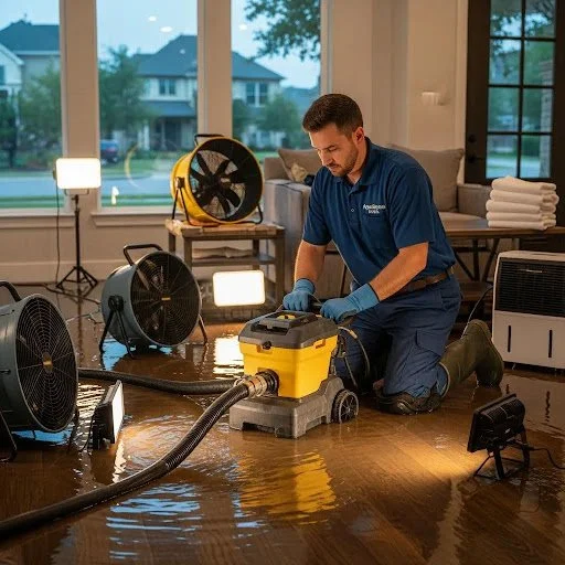 Technician extracting indoor water from a living-room floor